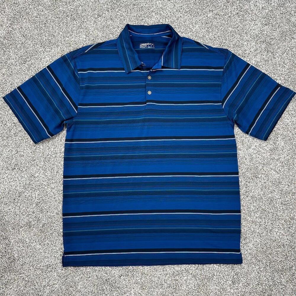 Nike Golf Men's Polo Shirt Large Button Blue Black Stripes‎ Dri-Fit Activewear